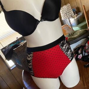 Red and Black Lace Polka Dot High-Waisted Panty